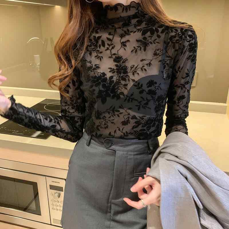 レディース トップス 半高領 レース 植毛 花柄 透け感 網紗 インナー セクシー ブラック 杏色 ブルー 長袖 修身 気質 通勤 快適 セットオン 秋冬