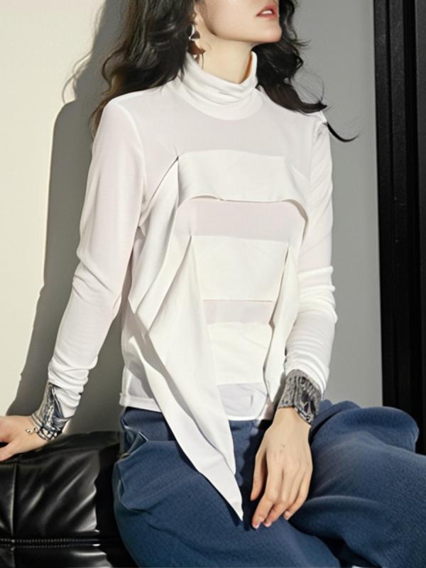 Tシャツ レディース 透視 ハイネック 長袖 フリル 切り替え レースアップ 修身 弾力 ポリエステル コットン 純色 気質 通勤 快適 休? 白色 普通丈 セットインスリーブ 春夏