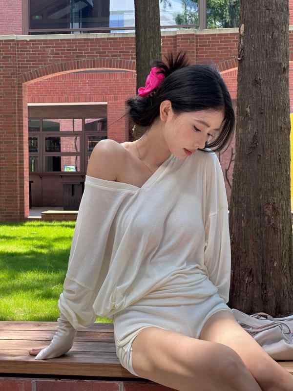Tシャツ 女性用 長袖 Vネック ゆったりシルエット ワイドフィット レイヤード風 秋 白色 純色 セットイン 毛混紡 天絲 ライセラーファイバー アニマル 透け感 伸縮性 吸湿速乾 軽量 私服 名媛風 セクシー スパイシー 欧米向け 東南アジア向け ゆ