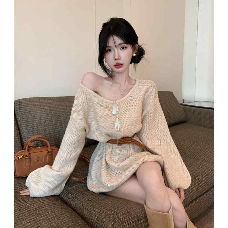 ニット ワンピース 女性用 韓国風 ラウンジスタイル デート用 かわいい 肩出し 長袖 ニット ワンピース 春夏 薄手 ゆったりシルエット 丸首 系ベルト クロシェ デザイン ミドル丈 カーキ コットン混 ポリエステル ビスコース 快適 リラックス 日常