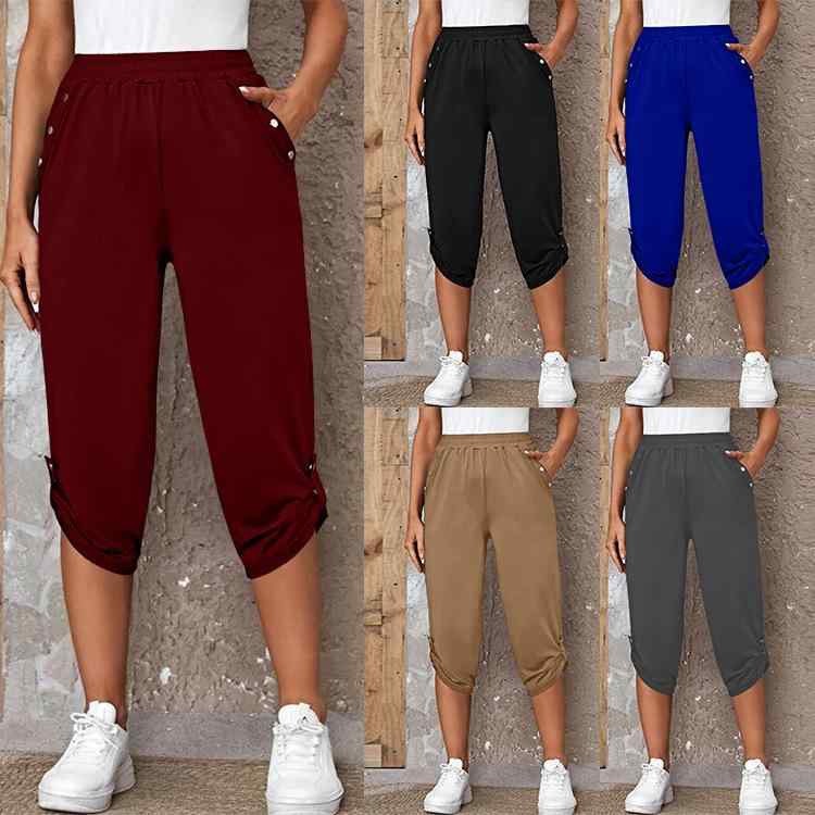 レディース 七分パンツ 女性用 クロップドパンツ ミモレ丈 薄手 中腰 伸縮性 ポリエステル 混紡 素材 快適 ゆったり フィット 細脚 デザイン 街頭 カジュアル スタイル ロック 風 ボタン ディテール ブラック ワインレッド ブルー カーキ ダーク