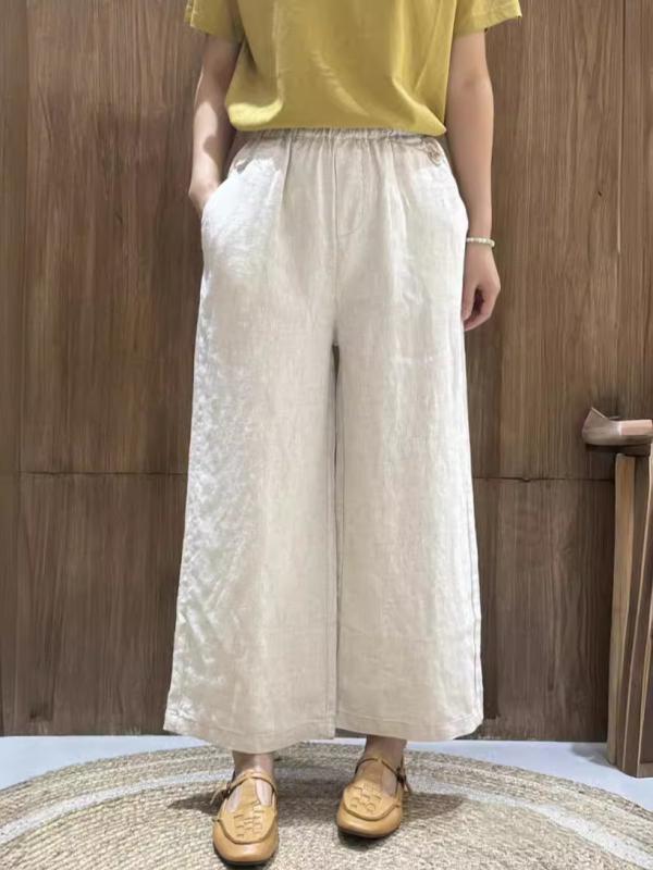 レディース ワイドパンツ 麻 九分丈 夏 春夏 ゆったり ゴムウエスト 高腰 ポケット 軽量 吸湿速乾 無弾性 白色 杏色 深カーキ ブルー 芸術的 復古 普段使い 通勤用 カジュアル トップス ボトムス ロングパンツ ゆったりシルエット 脚長効果
