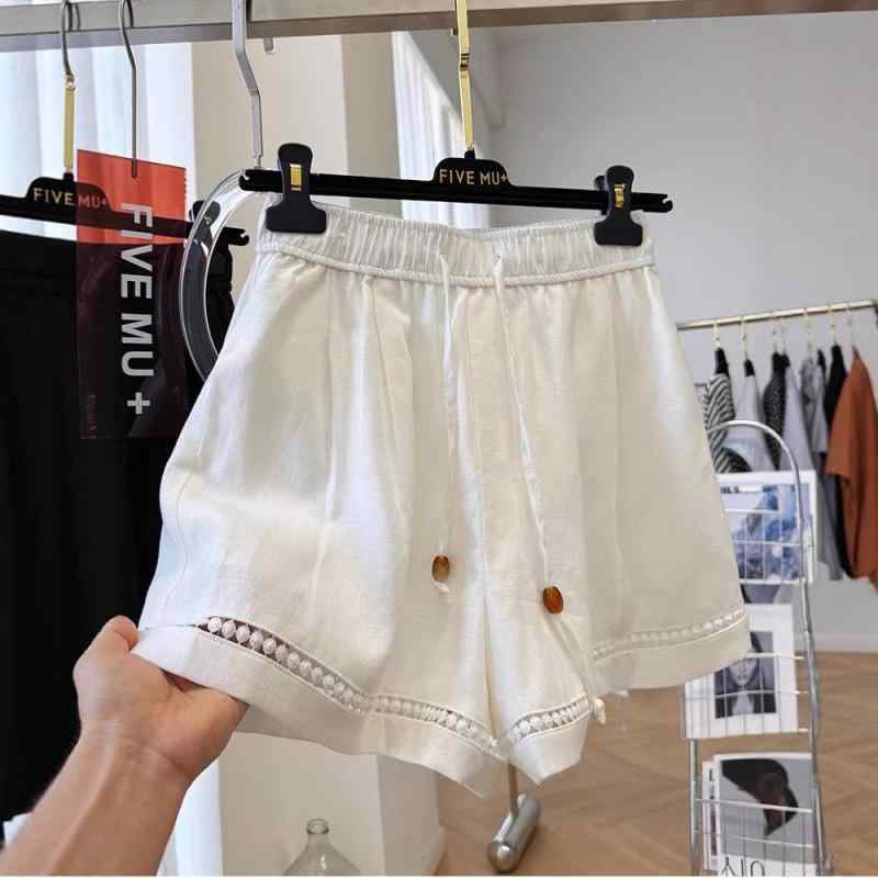 レディース 麻 ショートパンツ 女性用 切り替え レース 花柄 刺繍 ゆったり ワイドレッグ 夏用 通勤 普段使い 軽量 微弾性 ポリエステル 混合 素材 口袋 デザイン ミッドライズ Aライン 膝上丈 快適 気質 スタイル ホワイト ブラック カラー