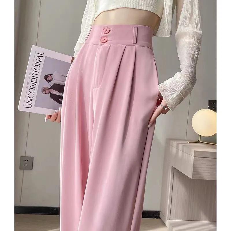 レディース ワイドパンツ 夏用 高腰 直筒型 ロング丈 垂感 ポリエステル 薄手 微弾性 ブラック ホワイト グリーン ピンク 気質 ゆったり シルエット 梨型体型対応 普段使い 軽量 通勤 通年