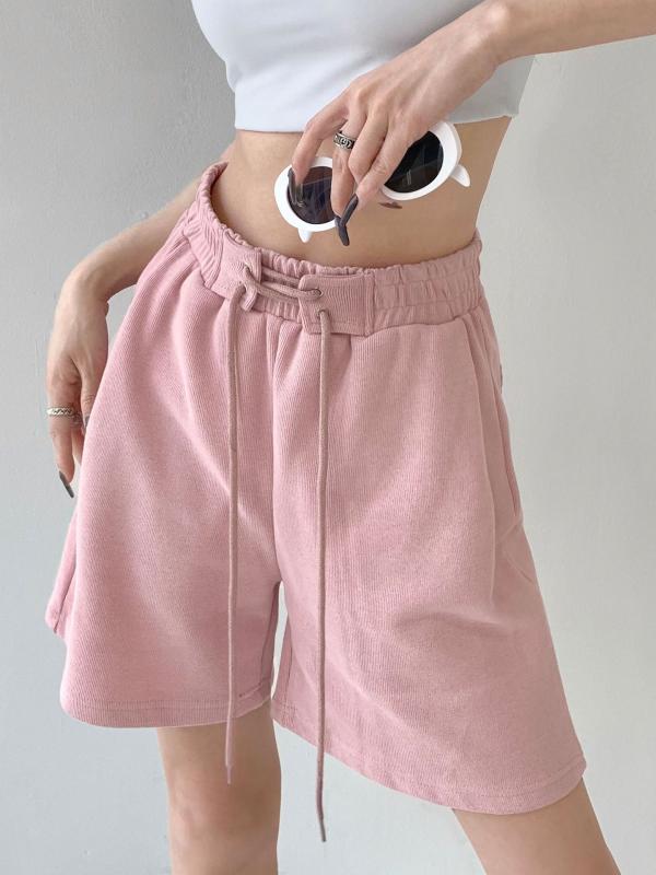レディース ショートパンツ 夏 薄手 綿混 ポリエステル ハイウエスト スリム ゆったり 膝上丈 ドローストリング デザイン ポケット マイクロストレッチ ピンク ブラック グレー ライトグレー ブラウン パープル 韓国風 カジュアル 快適 切り替え