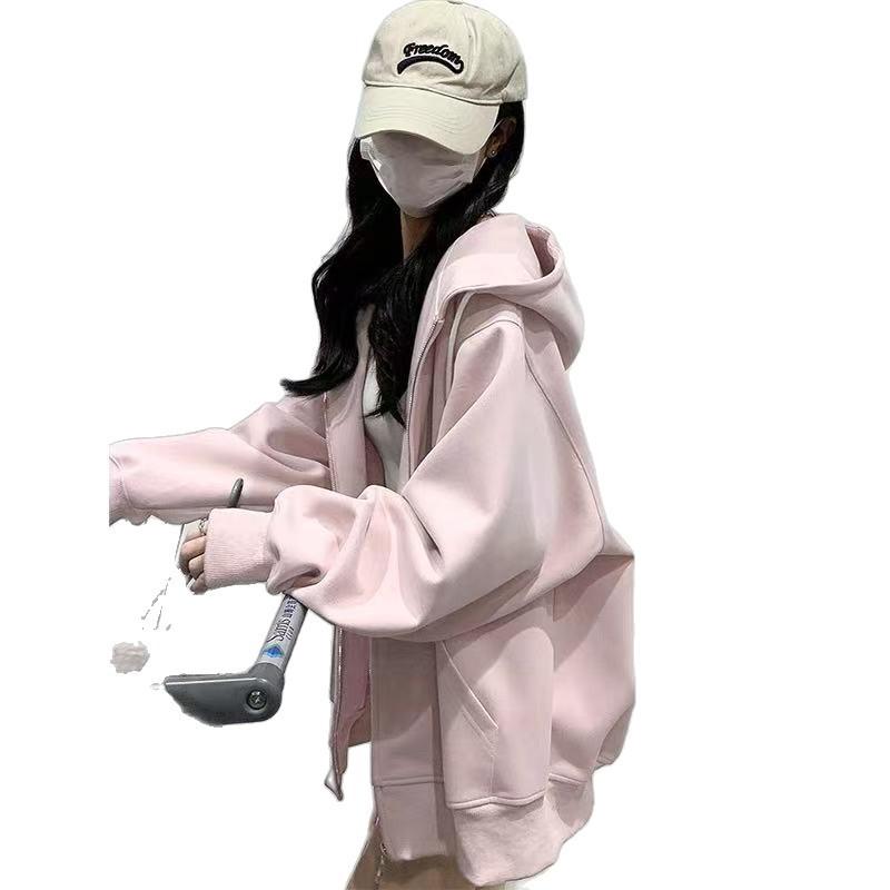 レディース ピンク フード付き ジップパーカー 薄手 コットン 混紡 綿素材 ポリエステル 混 ワイドシルエット ゆったり 開襟 長袖 ミドル丈 春夏 秋冬 薄型 厚手 加厚 羊毛風 接触冷感 吸湿速乾 ライトウェイト ラグド スタイル 韓国風 カジュア