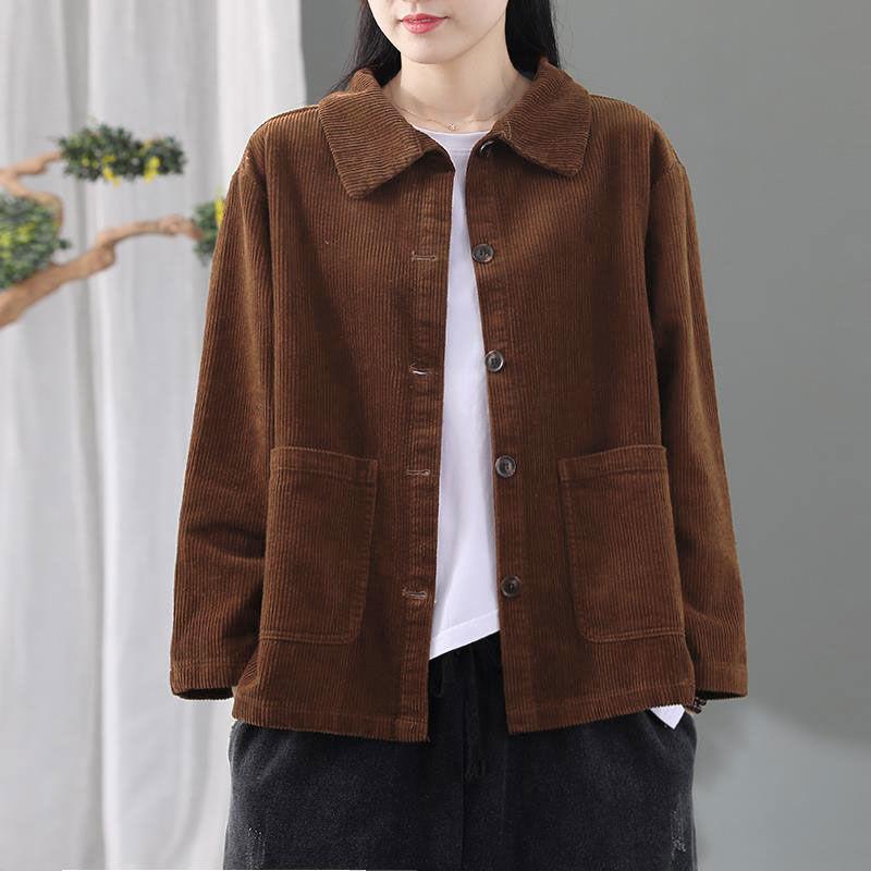 女性用 コットン コーデュロイ ジャケット 秋冬 通勤 普段使い 薄手 長袖 POLOカラー ゆったりシルエット 単体 コーヒー 紫 ブラック 気質 都市スタイル
