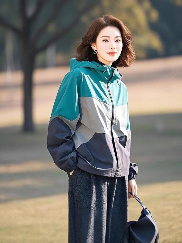 レディース コート 切り替え 薄手 春夏 長袖 連帽 プルオーバー トップス 気質 通勤 普段使い 都市 カジュアル スタイル 軽量 ポリエステル 再生繊維 中厚 普通丈 ジップ アップ 気質 優雅 女性用 ハイネック コントラスト カラー ビッグシルエ
