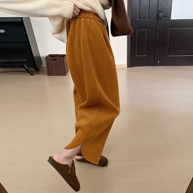 レディース 秋冬 ハーレムパンツ ヴィンテージ ワイド レギュンス ロングパンツ コットン コーデュロイ 素材 ポリエステル 混 ミッドライズ ミディアム厚 ポケット デザイン ゆったり シルエット 微伸縮 黒 ブラウン系 秋色 カジュアル 普段使い 部