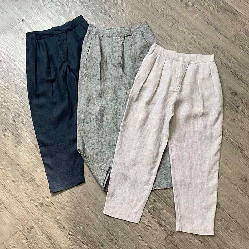 レディース 麻 ワイドパンツ 九分丈 ハイウエスト コーン型 遮肉 ゆったり シルエット 気質 通勤用 夏向け 深グレー ライトグレー ネイビー 無弾性 軽量 吸湿速乾 ビッグシルエット 普段使い 部屋着 切り替え デザイン カジュアルスタイル