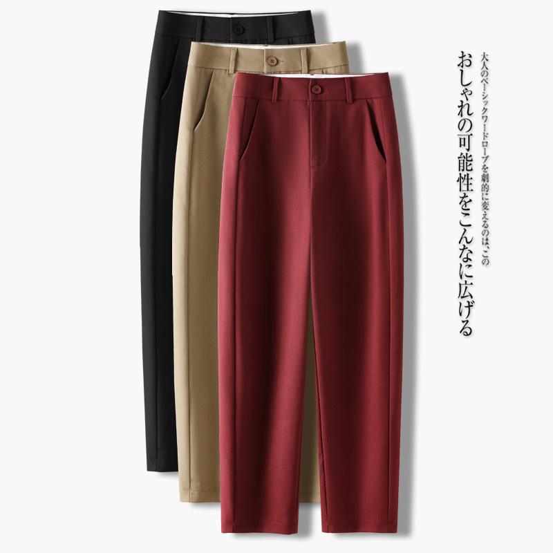 レディース 春夏 ハーレムパンツ 高腰 九分 スーツパンツ ワイド ストレート ロングパンツ 切り替え ポケット 付き ポリエステル 混 スパンデックス ストレッチ 薄手 軽量 ゆったり シルエット 脚長 効果 ブラック ワインレッド カーキ ベージュ