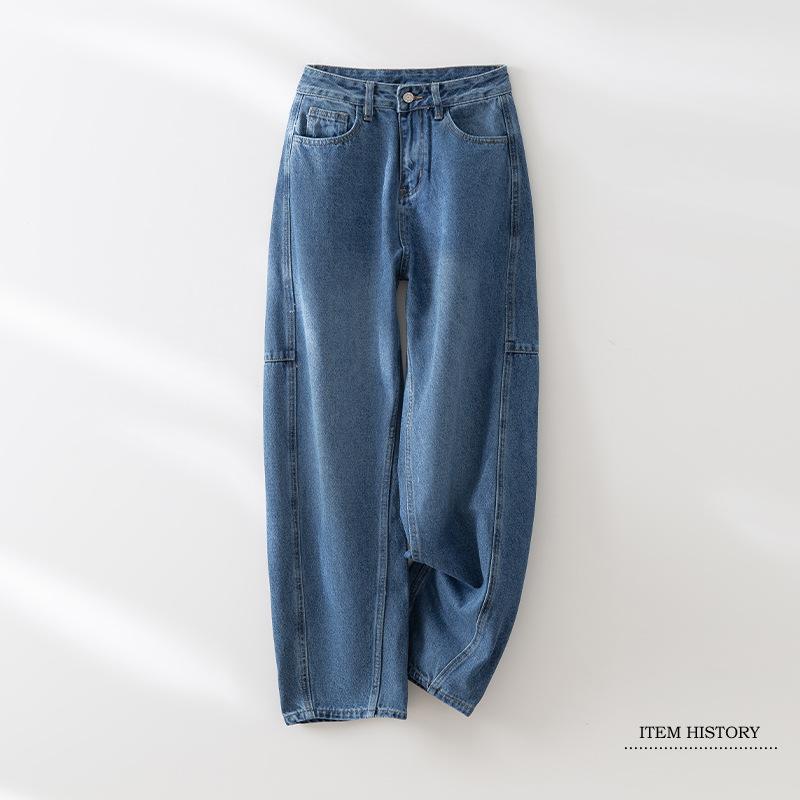 レディース ワイドレッグ デニムパンツ ハイウエスト ゆったりシルエット 切り替えデザイン 綿混 ポリエステル ストレッチ ミッドウェイト ロング丈 ポケット ライトブルー コットン デニム ロングパンツ 街頭カジュアル ゆったりフィット 吸湿性 快適