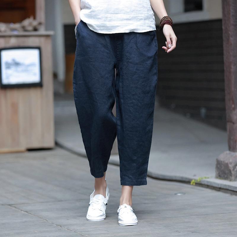 レディース 九分パンツ 春夏 麻 綿 混紡 素材 軽量 薄手 切り替え デザイン ゆったり ハーレム シルエット 中腰 ゴム ウエスト ロブ 型 ロング丈 足元 隠れる 丈 日常 使い 通勤 対応 かわいい 女性 向け ボトムス トップス 合わせ 簡単