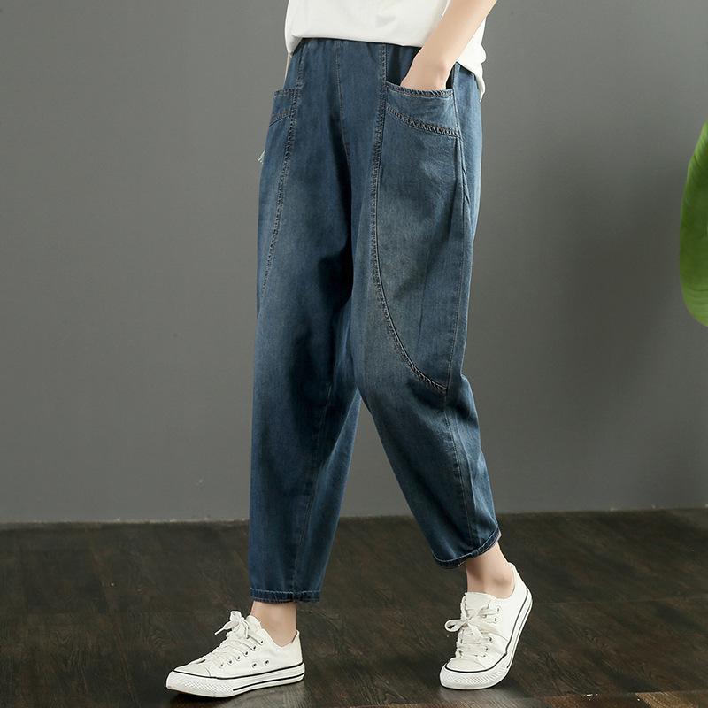 レディース 牛仔パンツ 春夏 九分丈 ハイウエスト 薄手 綿100% ハーレムパンツ ワイドパンツ ルーズフィット ゆったりシルエット 軽量 伸縮性 普段使い カジュアル デニム ブルー系 太ももゆったり 膝下丈 ダボっとスタイル 国風 復古 女性用 大