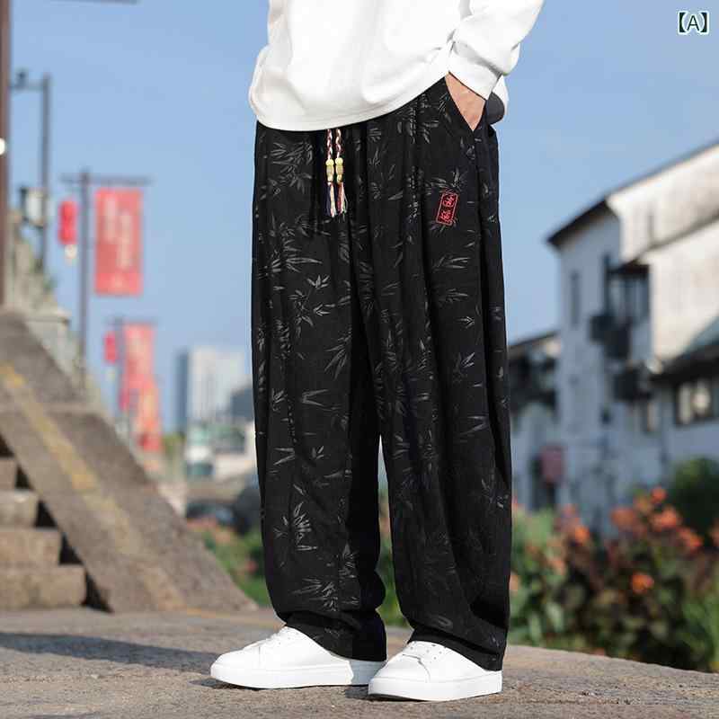 メンズ 秋冬 ワイドパンツ 灯芯? ロングパンツ 直筒型 中腰 刺繍 樹葉 プリント コットン 綿80% 微弾力 厚手 黒 コーヒーブラウン ゆったりシルエット ビッグサイズ 休? 普段使い ストレッチ 暖か素材 ゆったりフィット 直筒レッグ コットン混