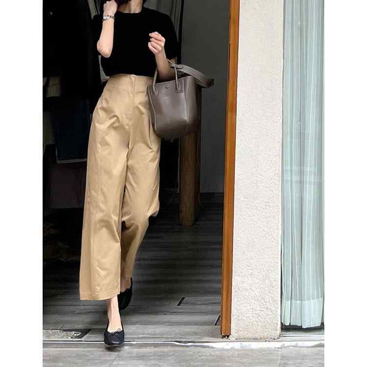 レディース ワイドパンツ 春夏 高腰 直筒 九分丈 コットン ポリエステル ミックス 素材 薄手 微弾性 切り替え デザイン ベージュ系 ライトカラー ミックス 米白色 選択可 日常 使い 履き 心地 良い 軽量 垂れ感 あり カジュアル スタイル 通勤