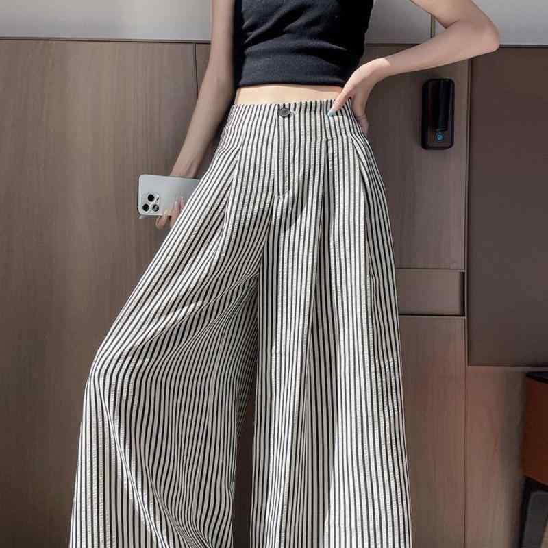 レディース ワイドパンツ 接触冷感 条紋 ハイウエスト ゆったり ストレート ロング 麻 綿 混紡 薄手 微弾性 ジッパー 夏 普段使い 軽量 吸湿速乾 通勤 カジュアル