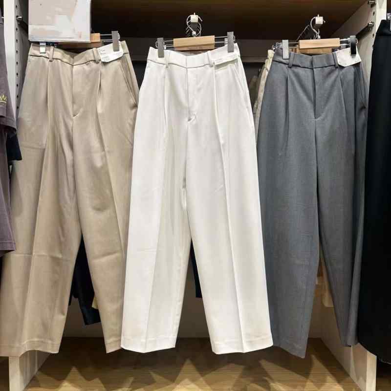 レディース ワイドパンツ ハイウエスト プリーツ ストレート ロングパンツ スラックス ゆったり シルエット ストレッチ 素材 雪ニール 混 春夏 カラーバリエーション ホワイト グレー ブラック ベージュ 通勤 普段使い カジュアル スタイル ゆったり