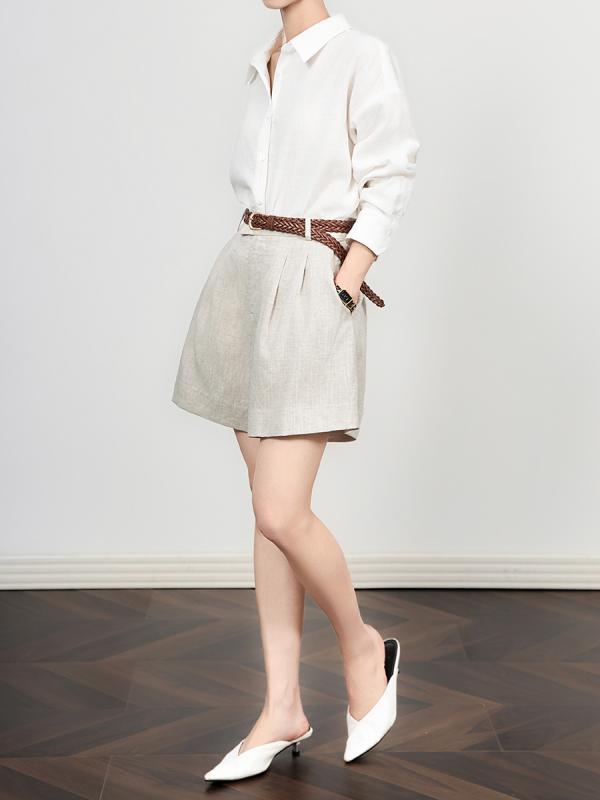 レディース 麻 混 リヨセル ショートパンツ ワイドレッグ ストレート 膝上丈 ミッドライズ 夏 通勤 普段使い カジュアル 気質 フレンチスタイル 無地 ベーシック 軽量 通気性 ナチュラルカラー