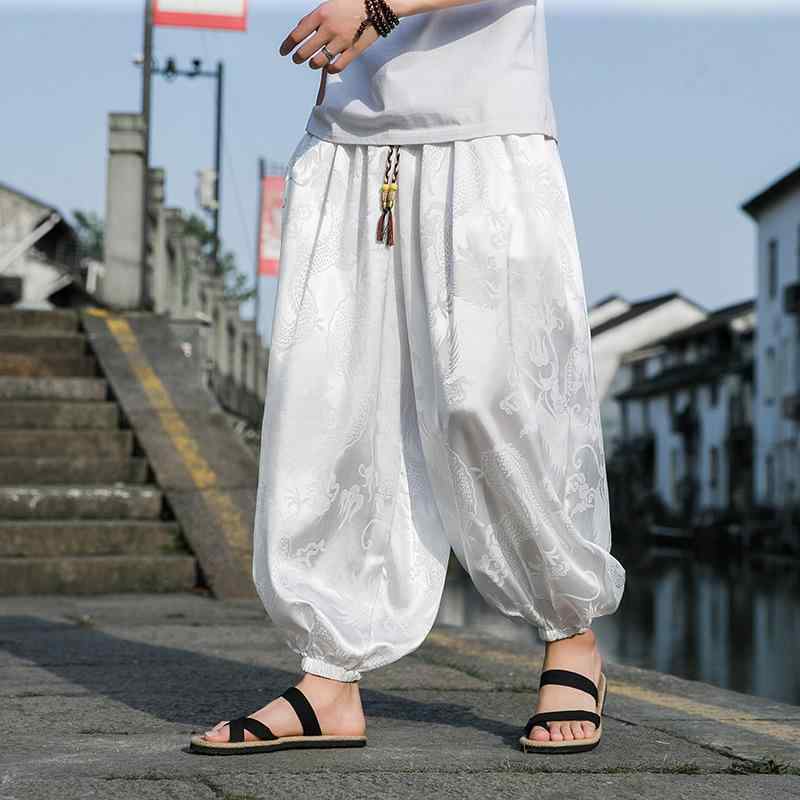 メンズ ロングパンツ 夏 接触冷感 コットン混紡 ポリエステル 混紡素材 ブラック ホワイト レッド ブルー カラーバリエーション 直筒 系紐 プリント柄 薄手 軽量 ゆったり ワイド シルエット ビーチ 日常 使い カジュアル ファッション ロング丈