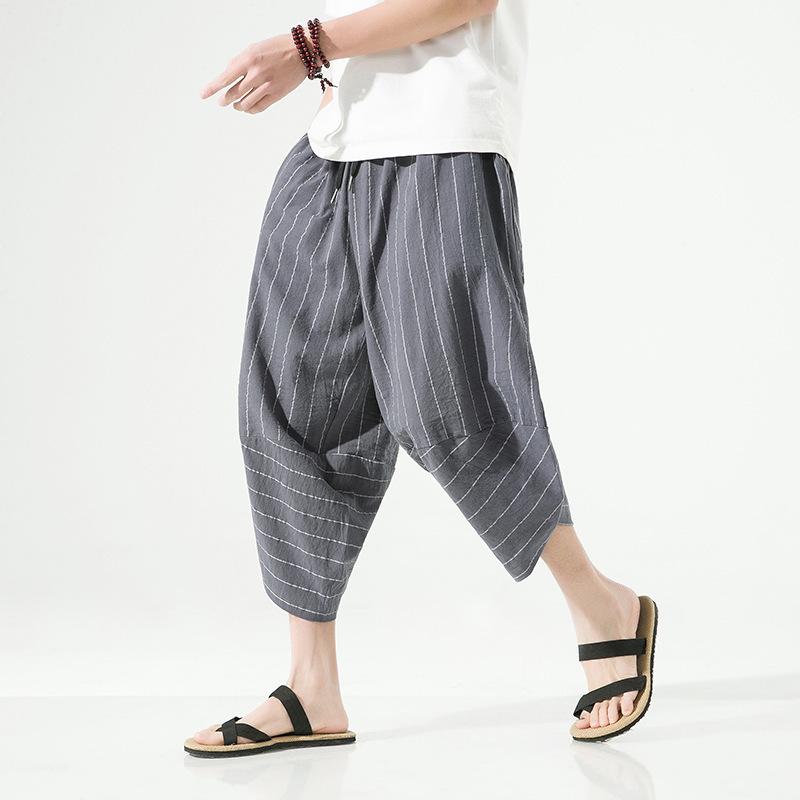 メンズ 七分パンツ 夏用 コットンリネン ゆったりハーレム ワイドレッグ クロップドパンツ ミッドライズ ドローストリング ストライプ柄 無地加工 軽量 通気性 日常カジュアル ブラック グレー ネイビー メンズファッション ストリートスタイル