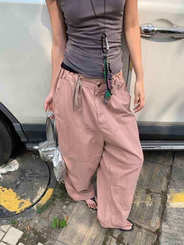 レディース デニム ワイドパンツ 工装風 春夏 ピンク 綿 天絲混紡 中腰 長丈 ゆったりシルエット 切り替えデザイン ストリートスタイル 普段使い 吸湿性 通気性 軽量 中厚 リラックスフィット 抽?ウエスト
