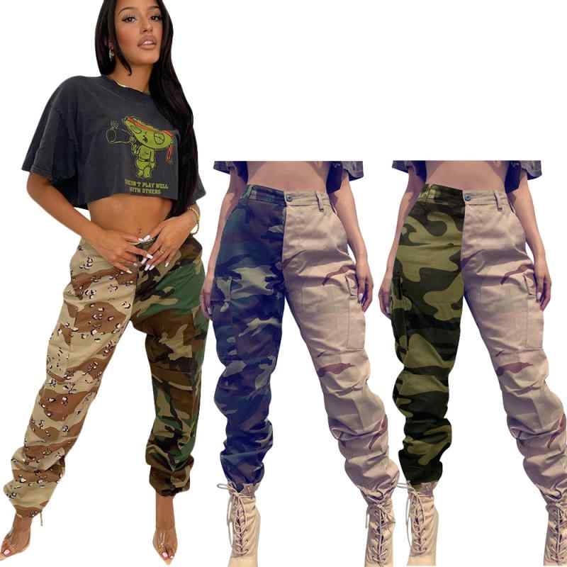 カーゴパンツ 女性用 迷彩柄 切り替え 長ズボン ミリタリー 軍緑 迷彩ブラウン 迷彩ベージュ コットン ストレッチ 微弾性 快適 軽量 街頭ファッション ストリートスタイル カジュアル 普段使い 通勤対応 細脚 ミッドライズ トップス
