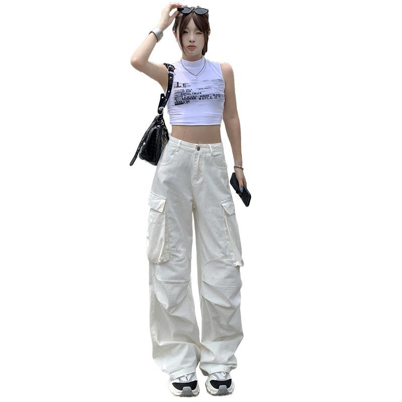 レディース ワイドパンツ コットン 高腰 直筒 膝下丈 ミリタリー風 多ポケット ゆったり シルエット 綿素材 95%以上 無弾性 街頭スタイル 個性派 普段使い 夏 春夏 ミッドウェイト