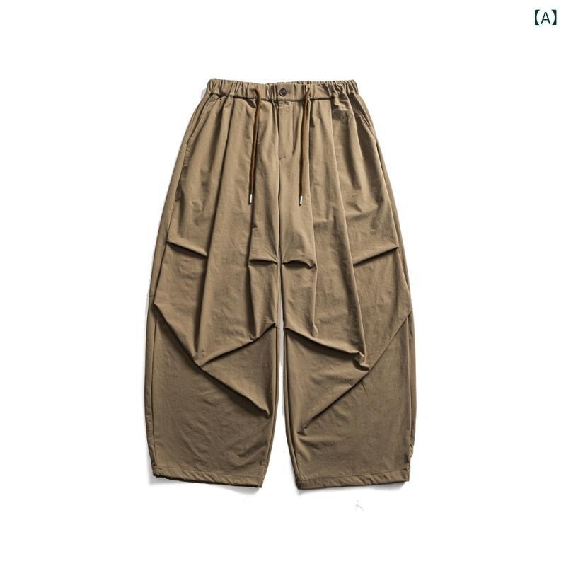 メンズ 工装パンツ ワイドレッグ ロングパンツ 直筒 ミッドライズ ポケット 装飾 透気性 化繊混紡 ナイロン素材 無弾性 純色 ・柑其色 ブラック カーキ コーヒー色 秋 春 カジュアル ユース 日常使い 青少年向け ゆったりシルエット
