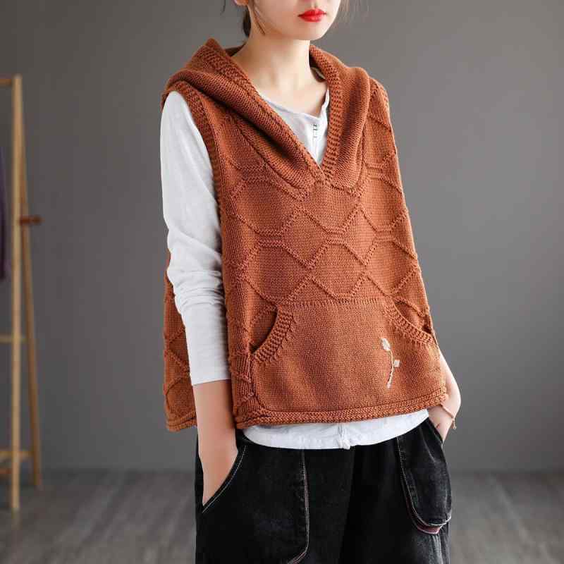 レディース 刺繍 ニット 連帽 背心 春夏 ワイドシルエット Vネック 切り替え デザインママ ポリエステル 素材 ゆったり ルーズフィット オレンジ ベージュ ブラウン カラー 日韓 カジュアル スタイル トップス インナー レイヤード 通勤 普段使い