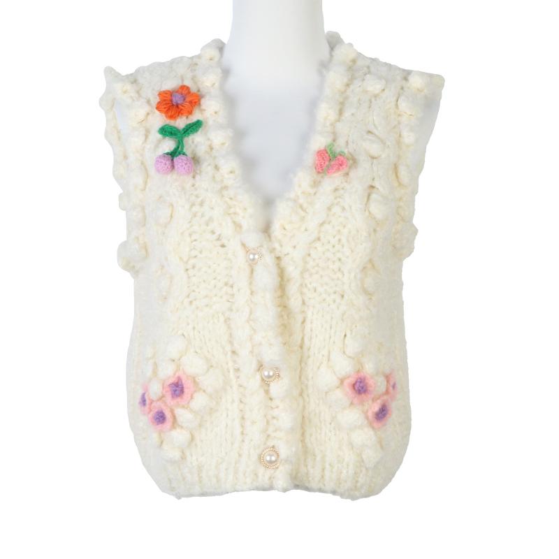 レディース Vネック 無袖ニット 開衫 毛混紡 厚手 立体刺繍 短丈 春夏 かわいい 軽量 伸縮性 吸湿速乾 清新スタイル 普段使い トップス ガウン風 キャミソール コットン混 花柄 ビッグシルエット