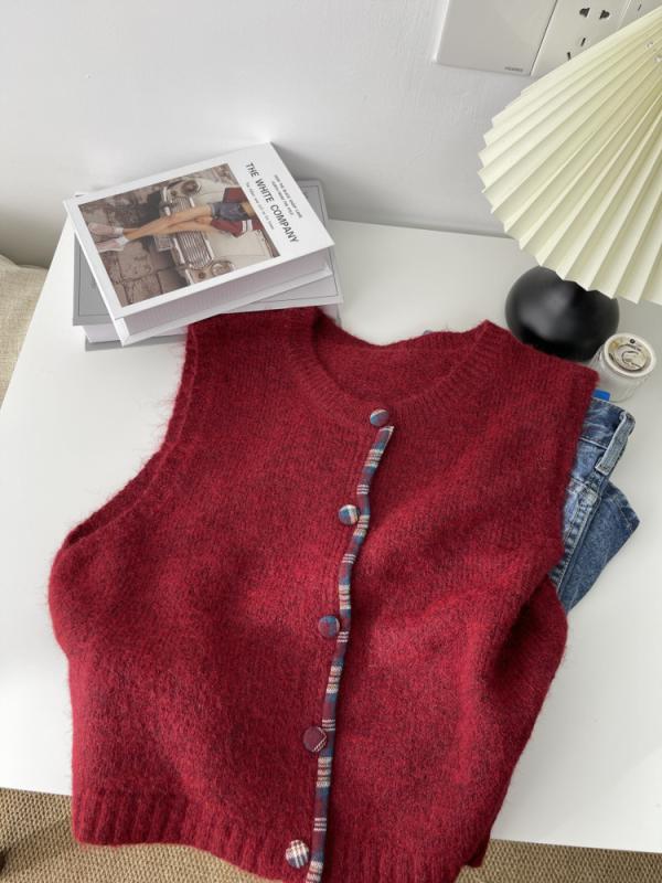 ニット メンズ 女性用 春冬 刺繍 無袖 丸首 馬甲 背心 ショート丈 ?? 混紡 軽量 暖かみ 切り替え デザイン 浅黄 グレー 赤 杏色 日系 韓国風 カジュアル レイヤード トップス インナー 普段使い 秋冬 コーデ