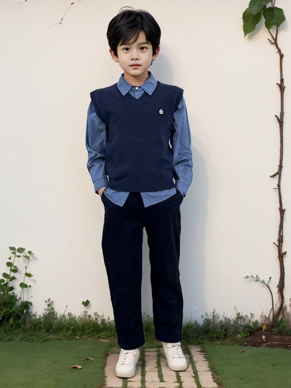 子供服 男の子 秋冬 学院風 セットアップ コットン 長袖 シャツ ベスト 長ズボン 純色 ブルー 潮 英倫スタイル 柔らかい 普通厚 単排ボタン Bクラス安全 110cm 120cm 130cm 140cm 150cm 160cm