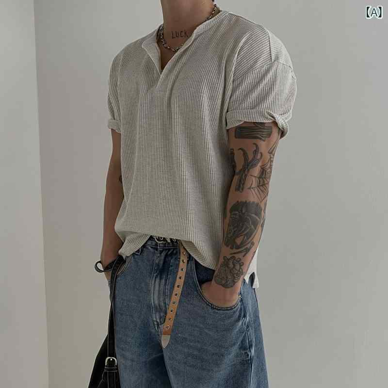 メンズ Tシャツ 短袖 ヘンリーネック ボタン付き 純色 ストライプ柄 ゆったりシルエット 薄手 コットン混紡 ポリエステル 透気性 グレー ホワイト 青春 ポップ ティーンエイジャー向け 18-24歳 セットアップ クルーネック ニット袖 カジュアル