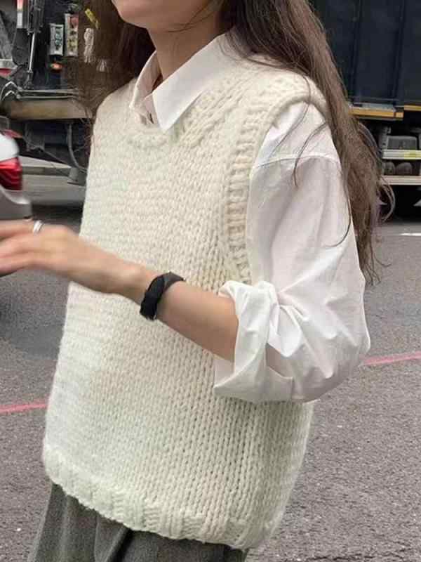 ニット メンズ 女性用 手編み 馬甲 背心 春夏 羊毛 素材 丸首 プルオーバー ゆったり シルエット ルーズフィット トップス シンプル スタイル 純色 無地 日韓 カジュアル レイヤード インナー 軽量 暖か 伸縮性 接触冷感 白色 アイボリー