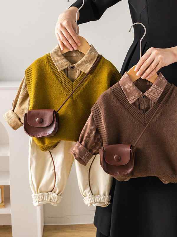 男の子 秋冬 セットアップ コットン トップス シャツ カーディガン ベスト 長袖 長ズボン 柔らかい素材 酵素洗い 単色 抽象柄 田園風 カジュアル 1-5歳 80-120cm コーヒー オリーブ