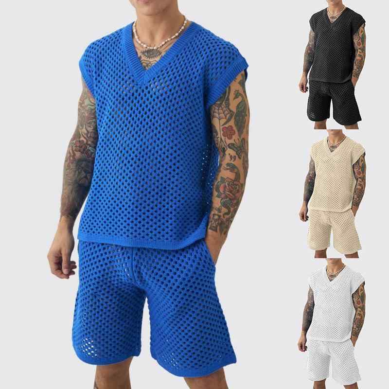 メンズ トップス 無袖 バック ベア トップス 切り替え ニット Vネック タンクトップ ショートパンツ セット 春夏 メンズ スポーツウェア 休日用 軽量 吸湿速乾 ポリエステル 混紡 ブルー ブラック ホワイト カーキ ビッグシルエット 伸縮性 通勤
