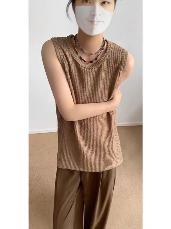 メンズ ノースリーブ タンクトップ 背心 夏用 綿混 ポリエステル 麻 ストライプ柄 条紋 切り替え デザイン ゆったり ルーズフィット ビッグシルエット 軽量 通気性 吸湿速乾 伸縮性 接触冷感 ストリート ファッション 街着 カジュアル スタイル 休