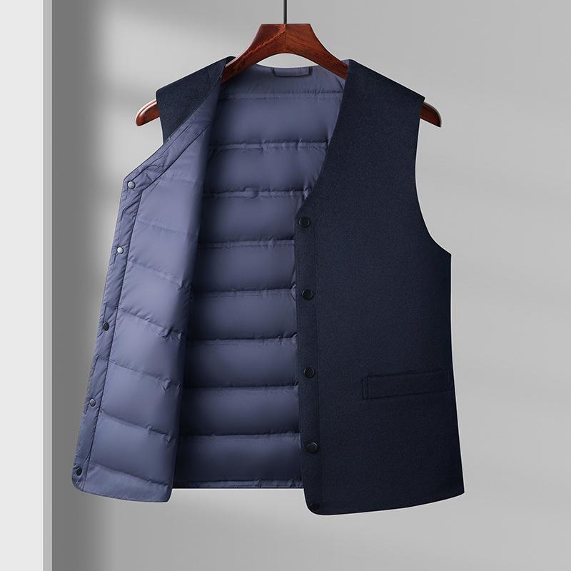 メンズ コットン ベスト 綿服 馬甲 中年 男性用 父親 爺父 着用 韓国風 スタイル ゆったり シルエット 開襟 デザイン Vネック シングルボタン 無帽 普通 厚み ストライプ パターン ウール 混 毛織 素材 ポリエステル 裏地 ローマン リブ 裾