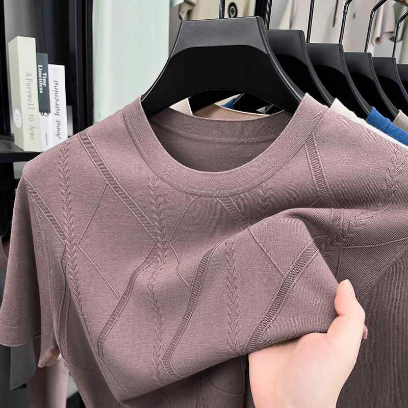 Tシャツ メンズ 春夏 桑蚕シルク 短袖 半袖 トップス 薄手 ゆったり ラウンドネック セットインスリーブ ソリッドカラー ライトブルー ブラック グレー グレーグリーン ベージュピンク ライトパープル アクアブルー アイボリー レイヨン コットン 混