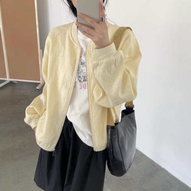 レディース 立領長袖 麻 コート 春夏 春物 ゆったり大コード 棒球風 ジャケット シングルブレスト ミドルゲージ 普通丈 韓国風 カジュアル トップス 軽量 吸湿速乾 ベーシック アイボリー ブラック ピンク系 グレー系