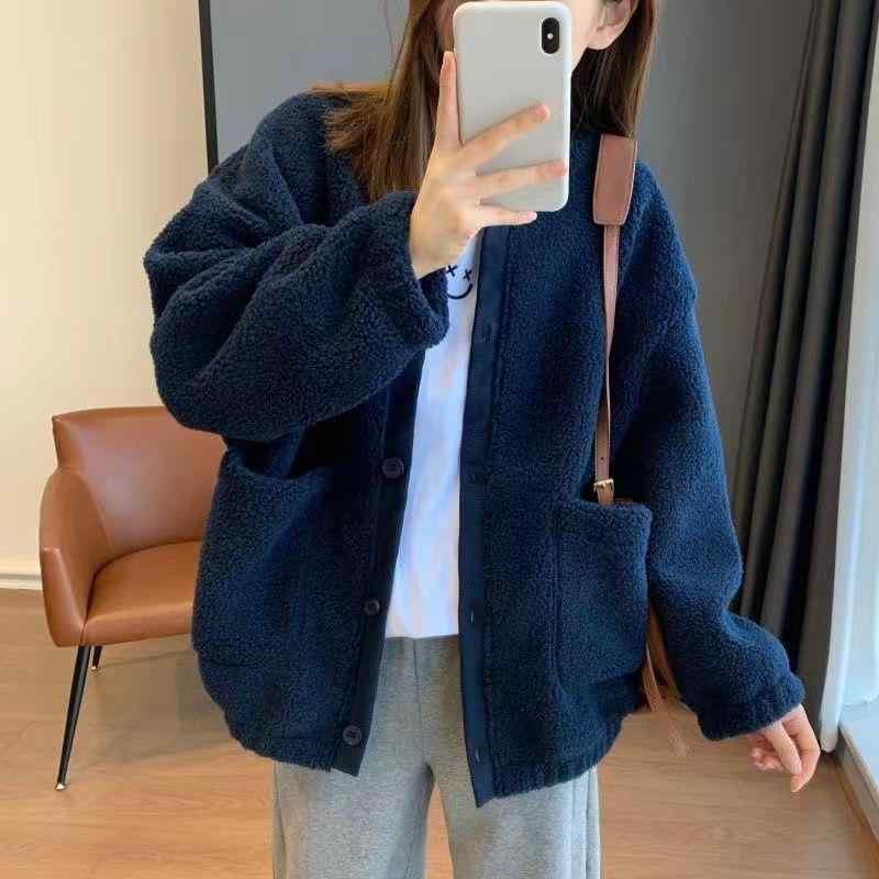 秋冬 女性用 復古 加? 加厚 羊羔? 外套 韓国風 ルーズ スリム 保暖 毛毛 野球服 トップス コート ジャケット 長袖 丸首 ポケット ポリエステル 再生繊維 中厚 単品 ゆったり スタイル 気質 通勤 都市 カジュアル ネイビー ブラウン