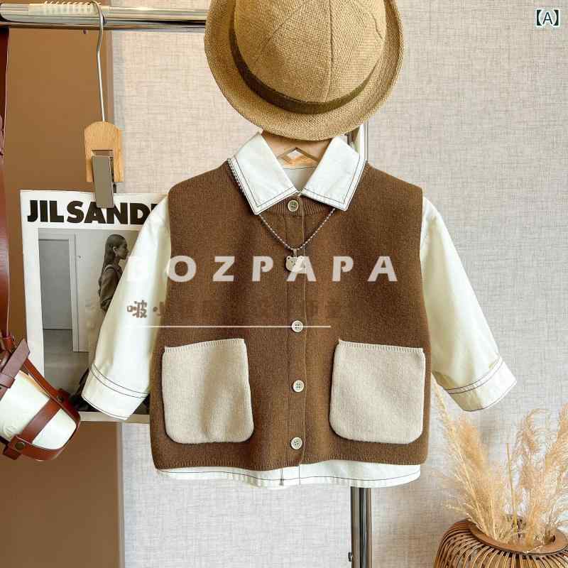 男の子 ニット ベスト 開衫 トップス 秋冬 子供服 韓国風 柔らかい ニット素材 抗起球 単色 田園デザイン シングルボタン ブラウン 90cm 100cm 110cm 120cm 130cm 140cm