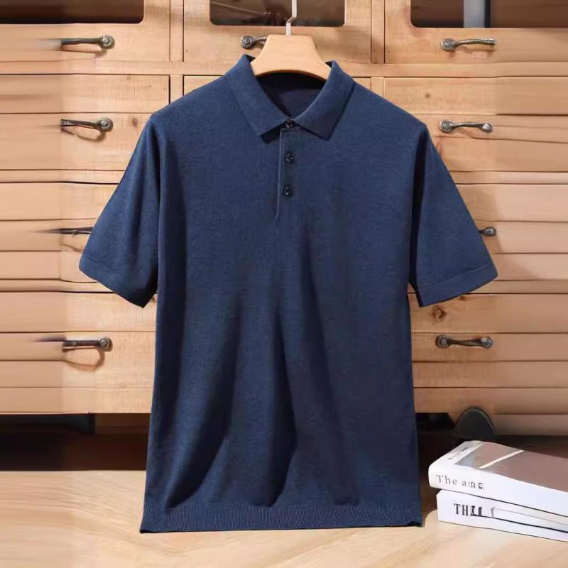 Tシャツ メンズ 春夏 ビジネス ビジネスカジュアル 羊毛 薄手 短袖 ポロカラー 針織 合体型 吸湿速乾 透気性 純色 清新ブルー 米杏色 ライトグレー チェックブルー チェックグリーン グリーン ネイビー ブラック 中年向け 通勤 日常使い