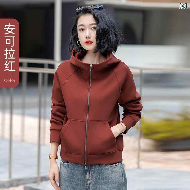 レディース 秋冬 コットン ストレッチ ロングスリーブ フード付き ジップアップ トレーナー ジャケット 気質 通勤風 ゆったり ルーズフィット カジュアル スポーツ 切り替え デザイン アンゴラレッド グレープパープル ネイビー グレー ブラック 長袖