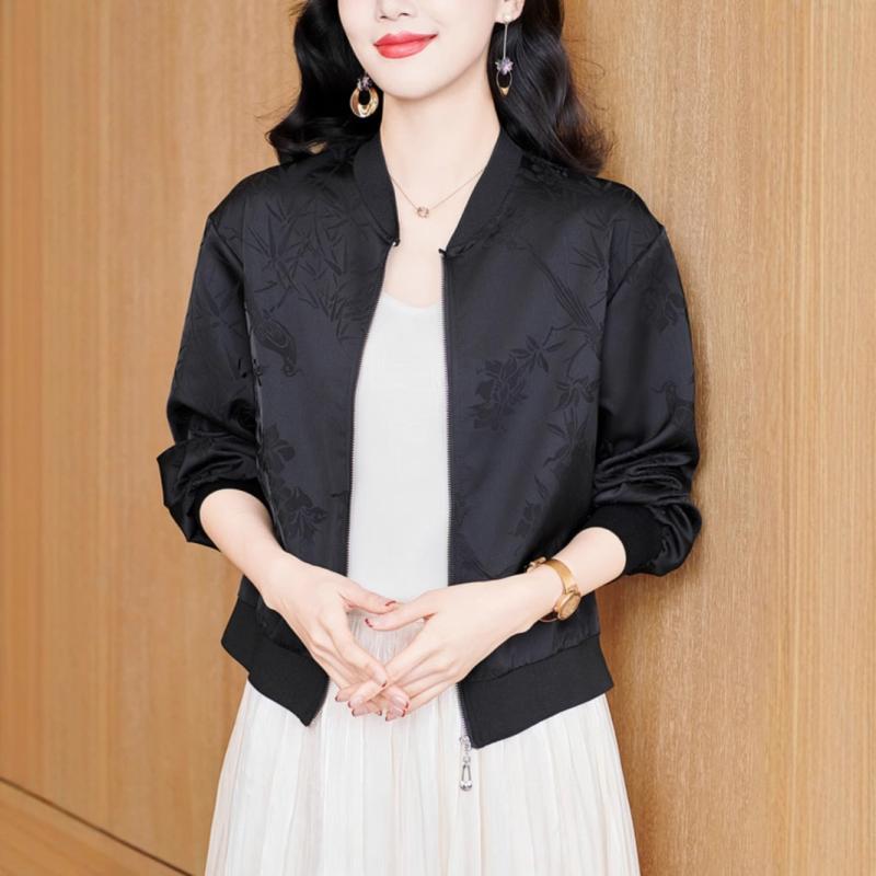 レディース コート 春夏 黒 白 赤 黄 花柄 植物モチーフ 提花加工 長袖 スタンドカラー ジッパー ミディアム厚 普通丈 ゆったりシルエット 日韓カジュアル 気質エレガント 中年ママ向け 普段使い 軽量 伸縮性 吸湿速乾 切り替えデザイン ラウンドネ