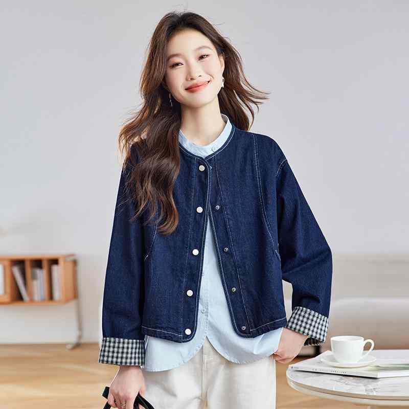 牛仔ジャケット 女性用 長袖 丸首 チェック柄 フリップカラー デニム素材 綿混 テンセル混 ゆったりシルエット 普段使い 春夏 デニムブルー 軽量 伸縮性 吸湿速乾 韓国風 カジュアルスタイル ビッグシルエット 通勤用 アウトドア
