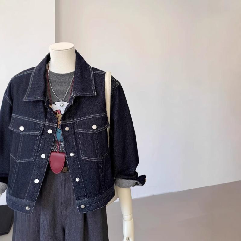 ジャケット メンズ 女性用 牛仔 デニム 復古風 韓国風 短丈 ロングスリーブ 翻領 ポケット ディープブルー ダークブルー ナビーブルー ポリエステル 素材 気質 優雅 芸術的 スリム 細身 効果 レディース カジュアル 日常使い 春夏 秋 軽量 通勤
