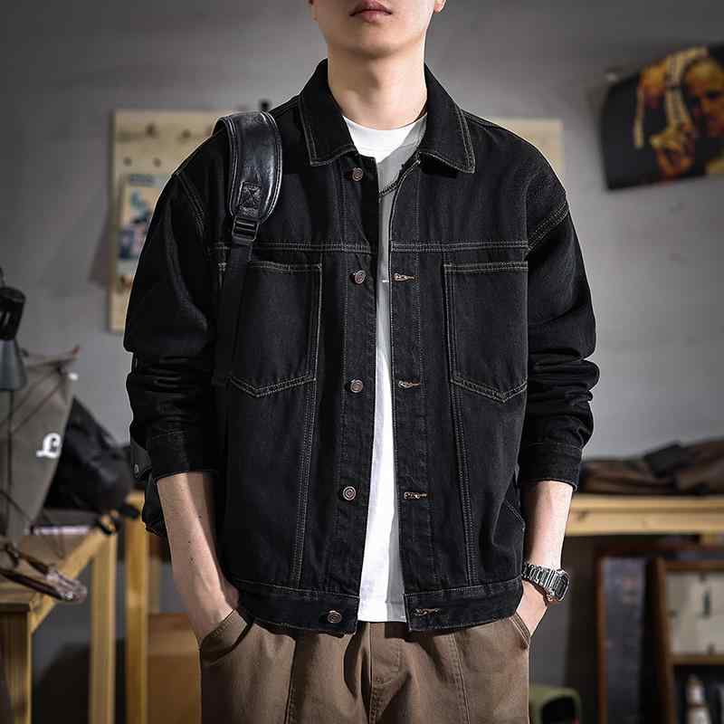 メンズ ジャケット コットン デニム 薄手 長袖 ブラック 春 春夏 秋 耐磨 ゆったり ワイドシルエット シングルブレスト 無地 サイドポケット プリント クラシック カジュアル ストリート 普段使い 軽量 伸縮性 吸湿速乾|フォークBR