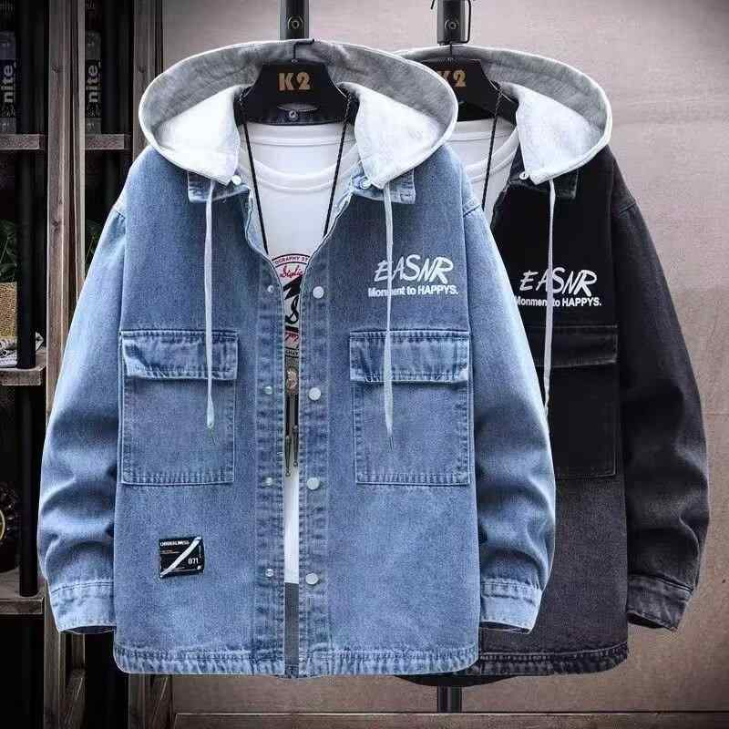 メンズ コート 牛仔 ジャケット 長袖 連帽 合体型 単排ボタン コットン 混紡 日常 着用 春夏 秋冬 トレンド スタイル 学生 向け 青少年 男性用 ブルー ブラック 軽量 伸縮性 通勤 普段使い アウトドア ミリタリー 風 切り替え デザイン ハイ